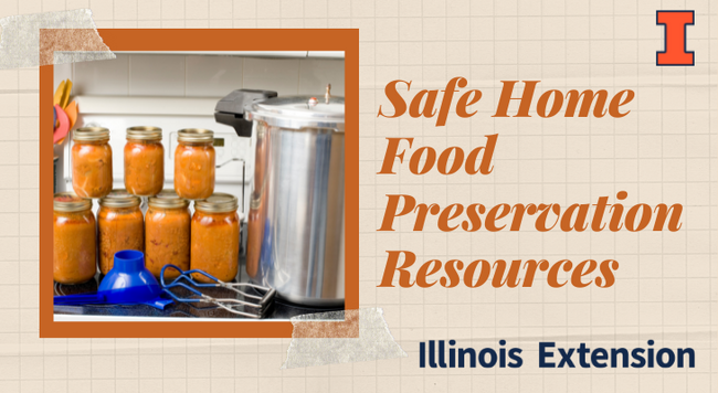 jars of preserved food next to a pressure canner and the words "safe home food preservation resources".